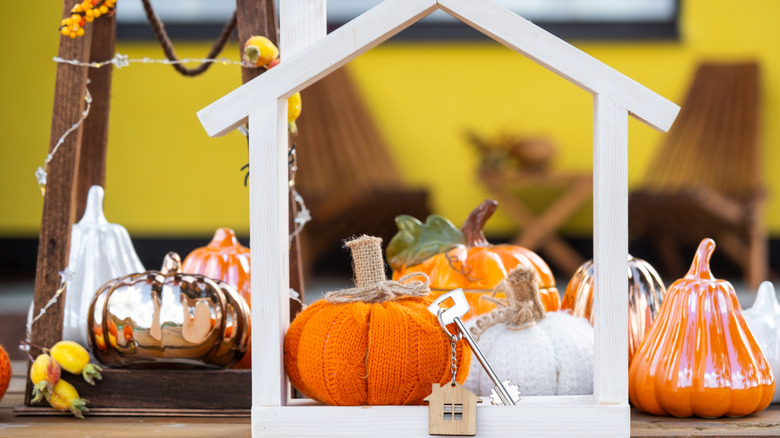 A display of pumpkins in various styles and materials
