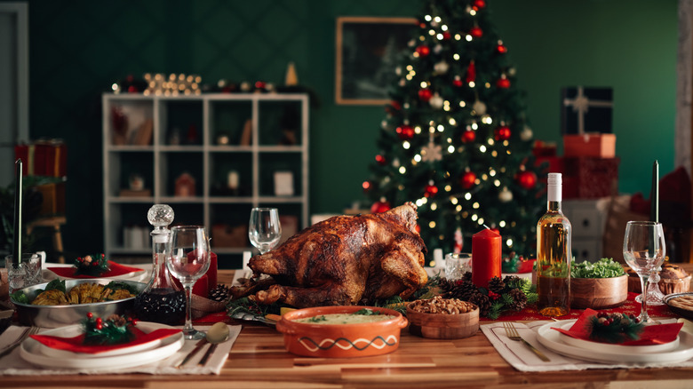 A table decorated for Christmas