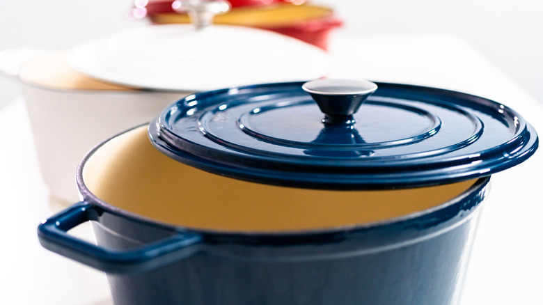 red white and blue dutch ovens