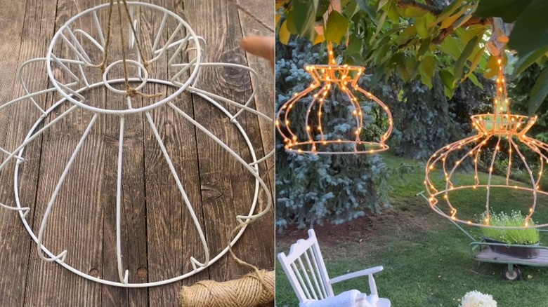 Bare white lamp shade frame on the left and lighted hanging lamp shades suspended from a tree on the right