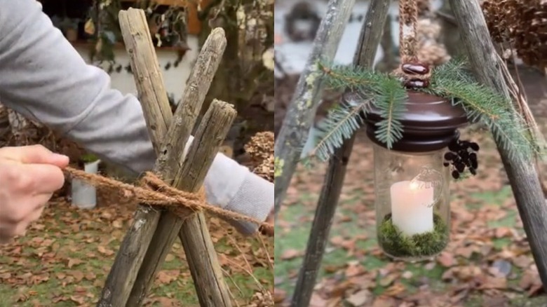 Creator wrapping wire around a jar and the finished tripod hanging jar lantern on the right
