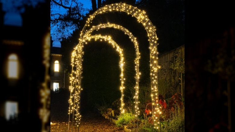 Fairy lights over narrow garden arches