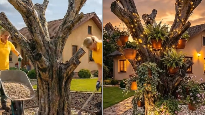 People preparing tree and the final lighted results on the right