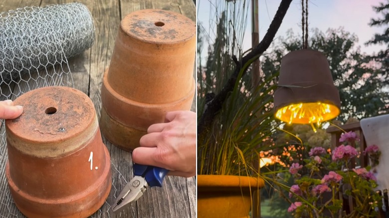 Person measuring chicken wire to go over pot opening and the finished pot hanging with lights inside
