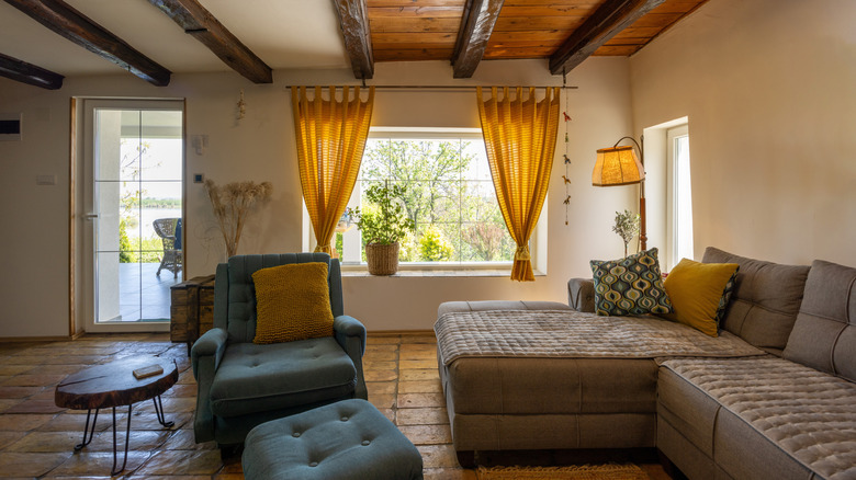 A cozy rustic interior with warm tones.