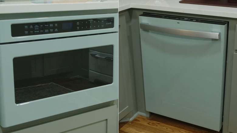 split images of vinyl-wrapped microwave and dishwasher