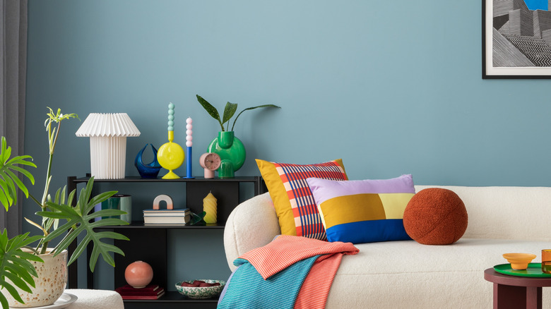 Colorful living room with bright colored decor pieces