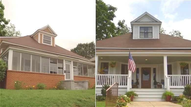 Before and after of a historical home porch renovation for HGTV's "Home Town" TV show.