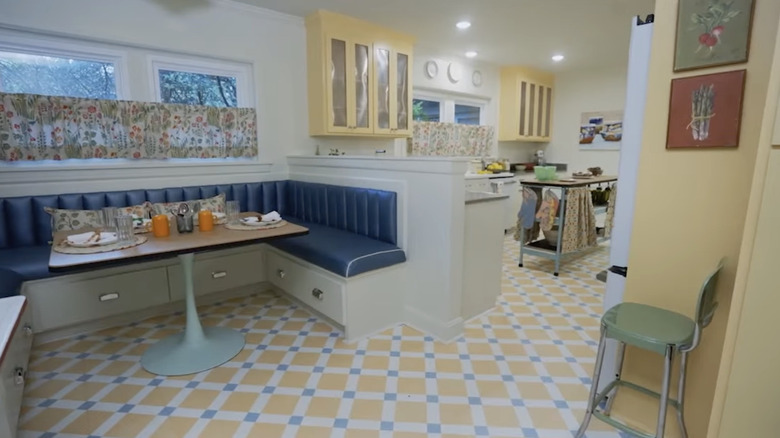 Screenshot of diner banquette style seating in a retro kitchen design remodel