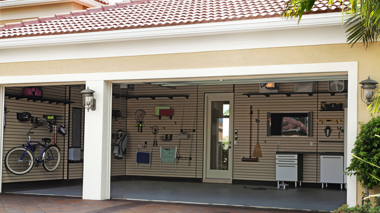 A well-organized garage in a residential home.