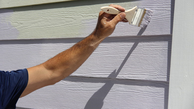 Man's hand painting a house