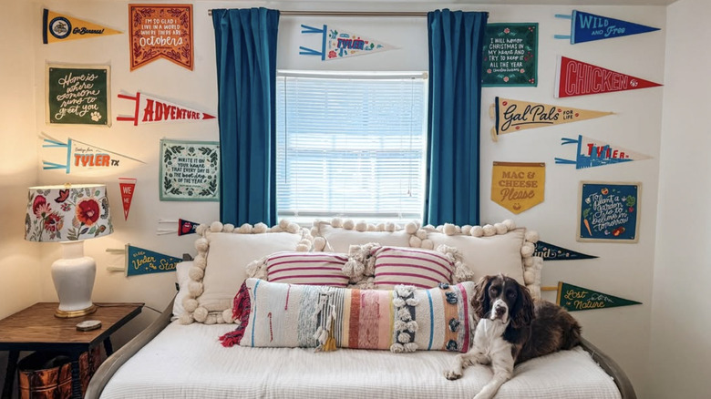 A dog on a daybed with a backdrop of a felt pennant wall