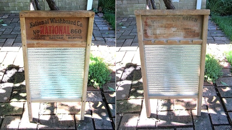 Split image of a 'Glass King' vintage washboard from the National Washboard Co, front and back view