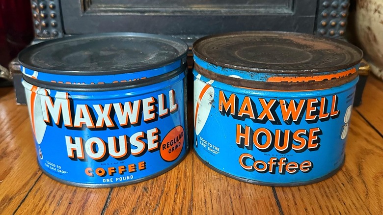 Two blue Maxwell House old tins on the counter