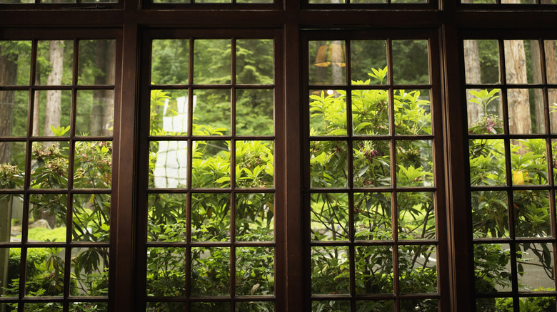 A large set of single paned paneled glass windows