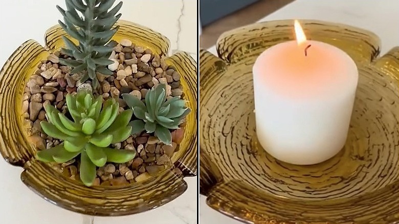 Split image of a smoked amber glass ashtray as a succulent planter on the left and holding a lighted candle on the right.