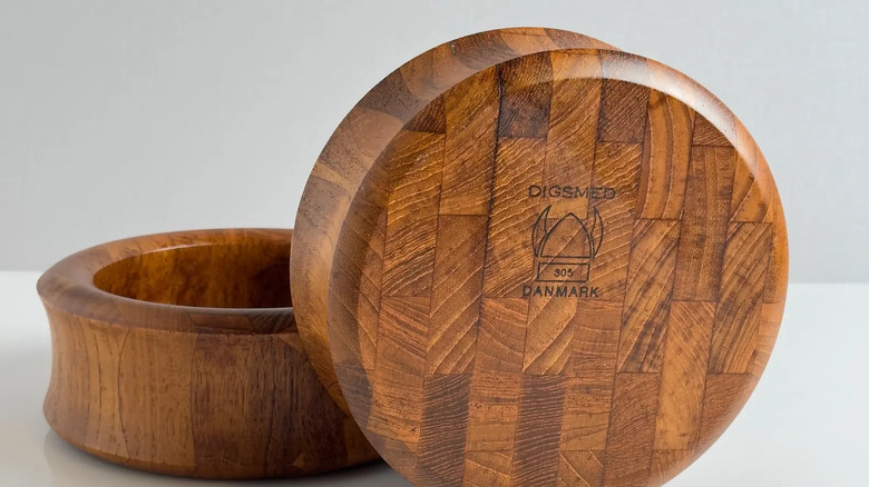 two Digsmed teak wooden bowls showing Digsmed stamp
