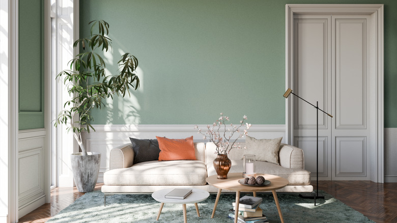 A living with a sofa, lamp, coffee tables, and plants