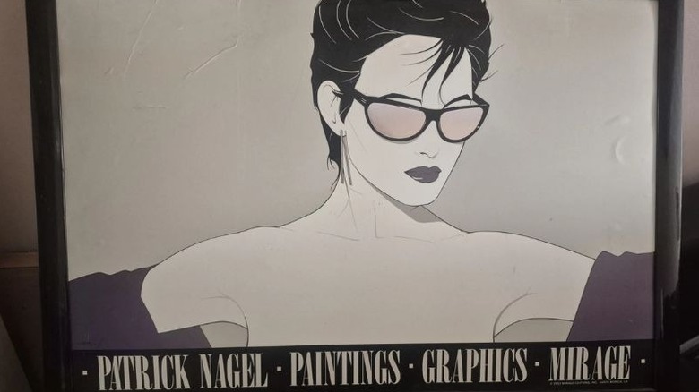 Patrick Nagel 1983 print of silver foiled sunglasses poster art in frame