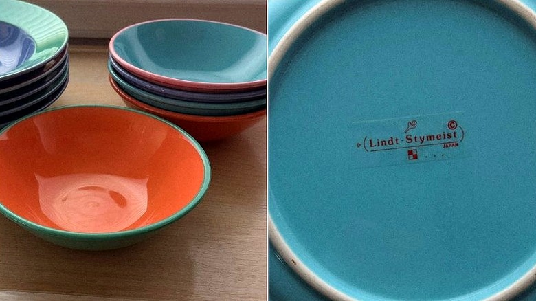 Split image of Lindt-Stymeist Colorways bowls and the sticker showing the Lindt_Stymeist name and "JAPAN" in the lower right corner