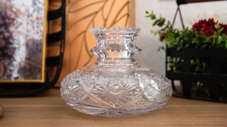 Clear libbey glass on a wooden table.