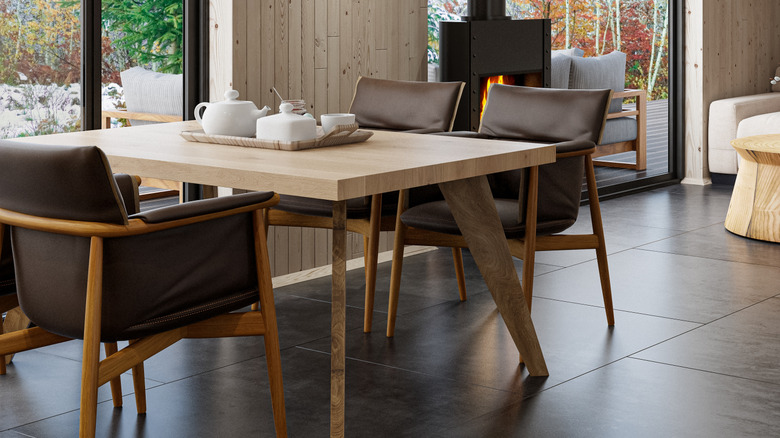 A Scandinavian-style dining table in a cozy room.