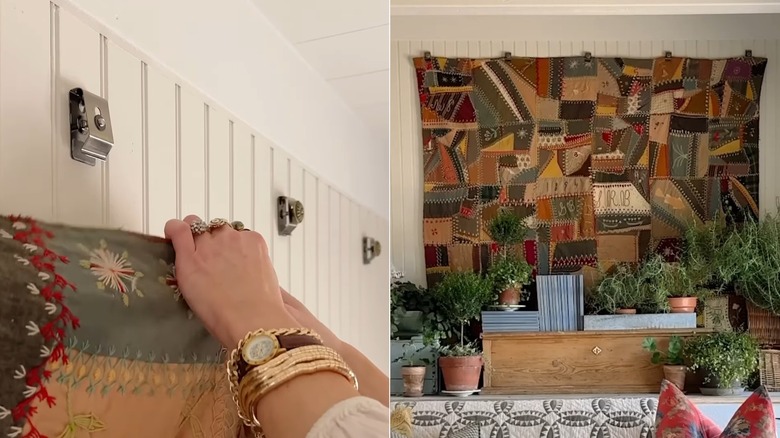 Thrifted vintage quilt mounted on wall using quilt hangers.