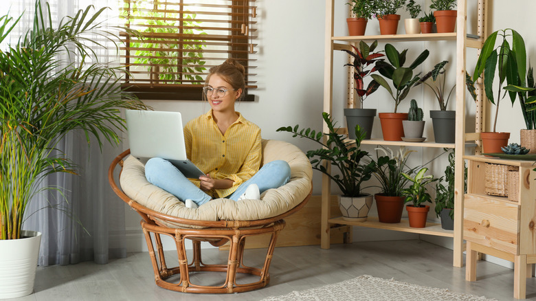 Young woman on a laptop enjoying the comfort of a papasan chair
