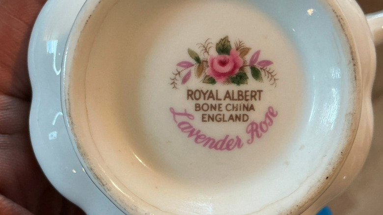 Closeup of the Royal Albert Lavender Rose marking on a teacup
