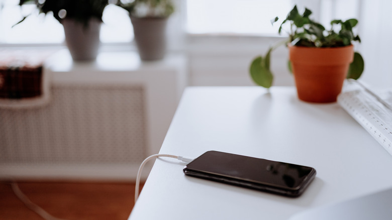 Phone being charged, sitting on a desk, potted plant in the background.