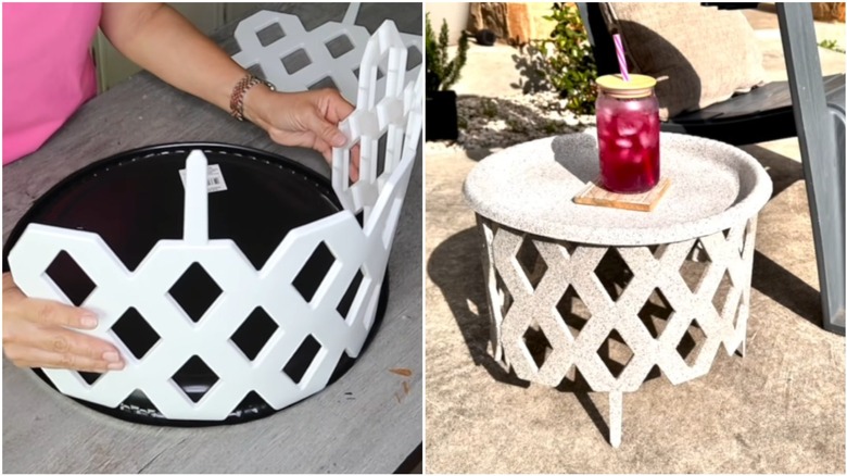 A side-by-side of a person building a DYI garden table with Dollar Tree fences