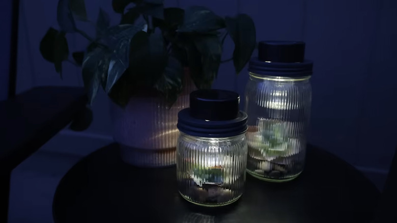 Jars with solar powered lights in the lids