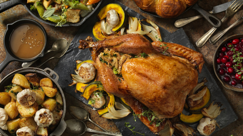 thanksgiving dinner on different platters