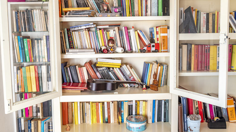 Cluttered bookshelf