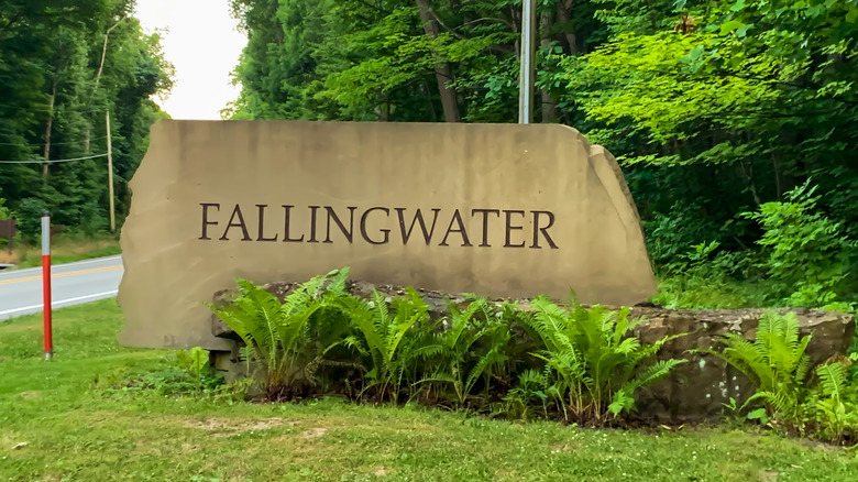 fallingwater sign on rock