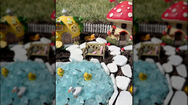 A fairy garden featuring Hobby Lobby garden miniatures.