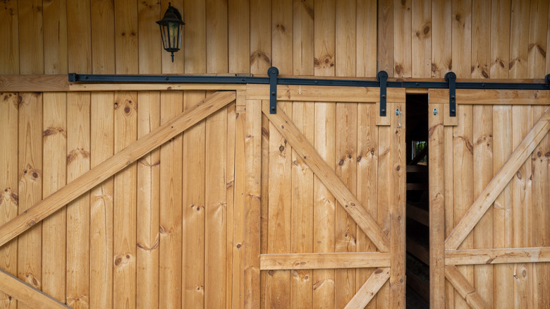 Close-up of rustic wooden barn doors