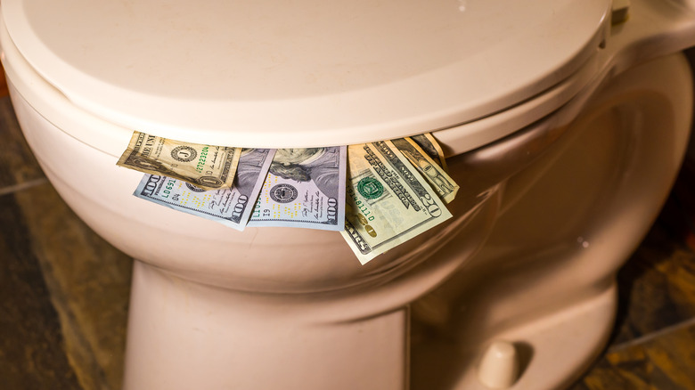 Money sticking out from toilet lid
