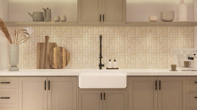 Kitchen with small square tiled backsplash