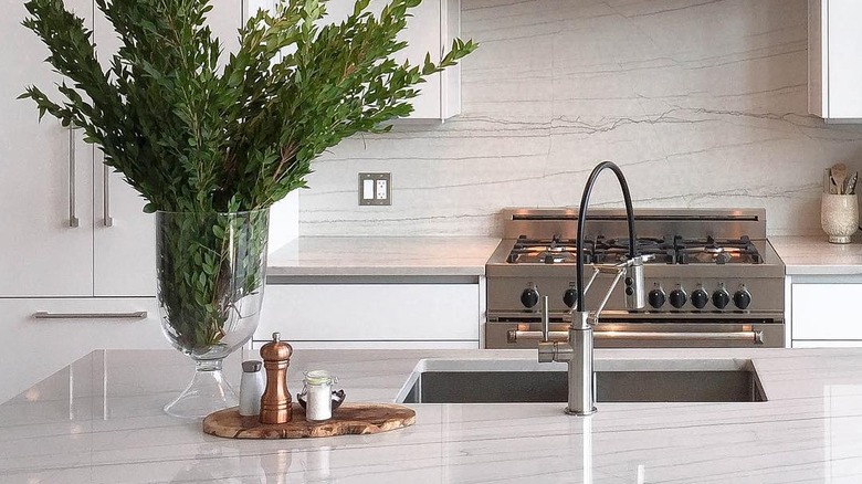 Kitchen with white macaubas quartzite backsplash