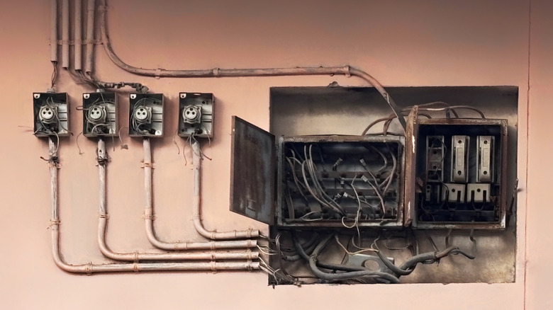 An old electric panel in a home with a rusty exterior and messy wiring