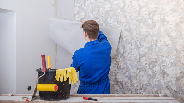 person installing gray wallpaper