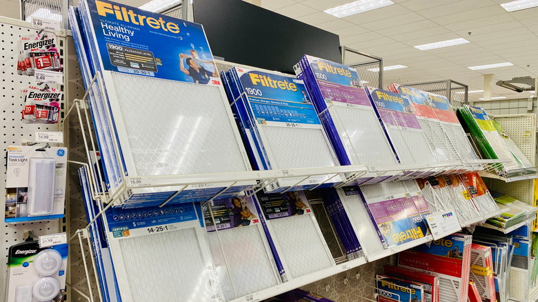 Air filter aisle at a store with fiberglass and pleated filters