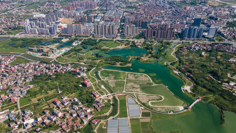 Aerial view of city and suburbs