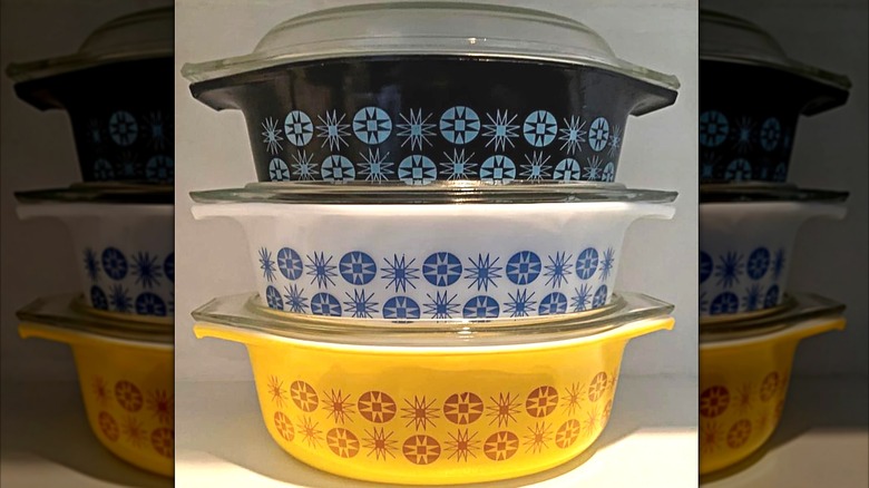 Three vintage Pyrex casserole dishes with the New Mexico pattern.