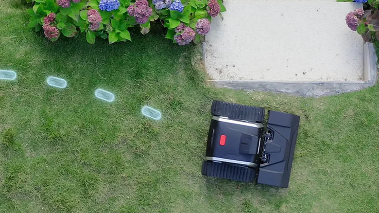 Overhead view of the Lymow robotic lawn mower on a lawn