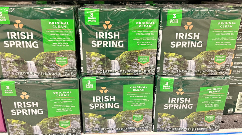 A grocery aisle with a bunch of Irish Spring soap