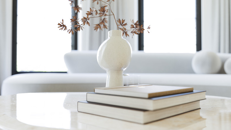 A white coffee table covered with a stack of books and a white vase holding a plant