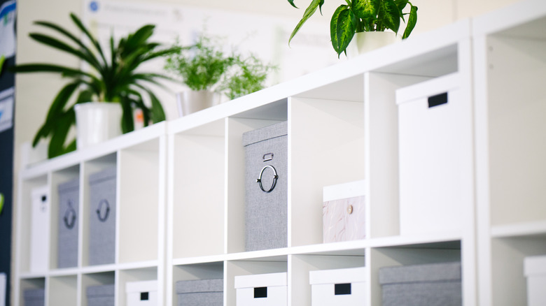 White cube organizers hold grey and white boxes