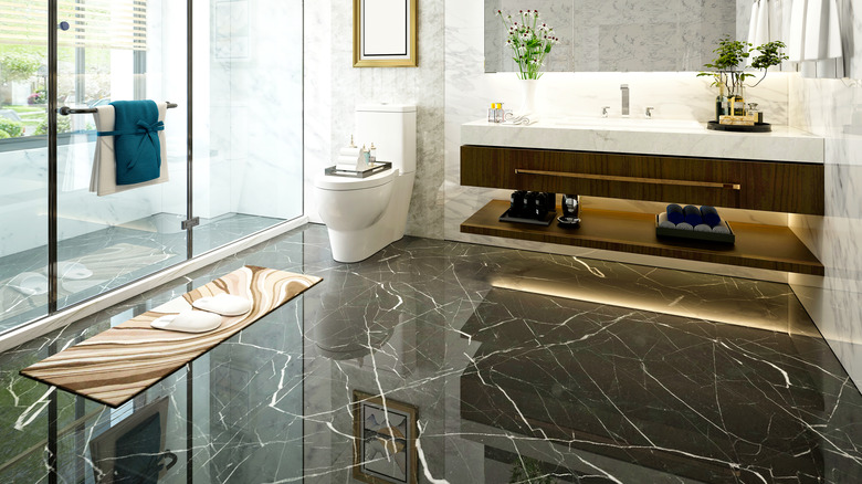 black and white marble flooring in bathroom